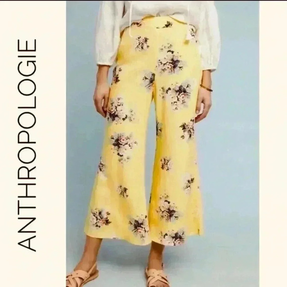 Anthropologie Feather and Bone Flare Pants Sz 6 Yellow Floral Cropped Wide Leg - Picture 1 of 13
